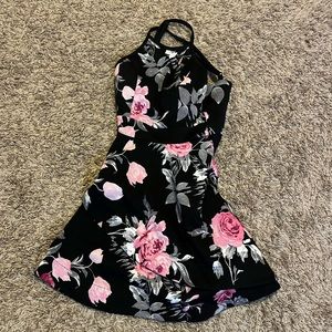 Black with pink flowers homecoming dress